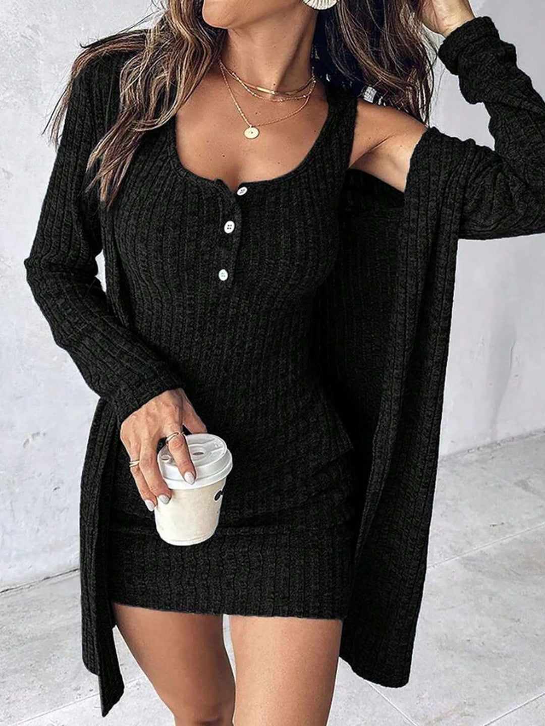 Damen Geripptes Twinset aus figurbetontem Träger-Strickkleid und Offenem Longcardigan – Mavelle