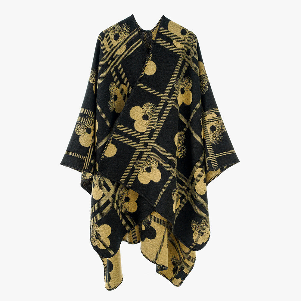 Damen Grobgewebter Deckenponcho im Ruana‑Schnitt mit floraler Karo‑Jacquard – Avérine