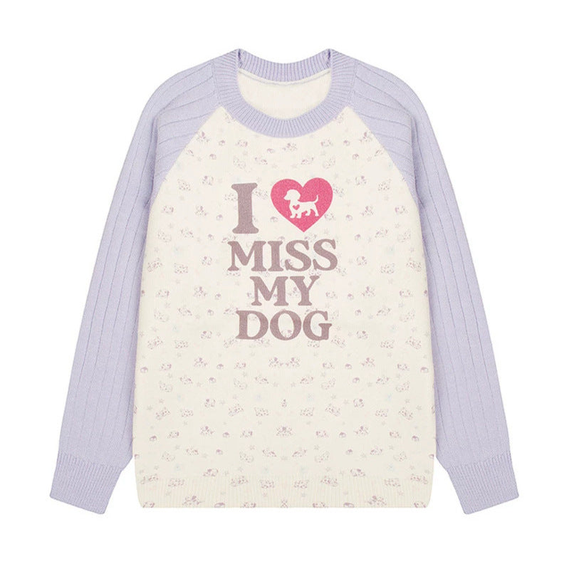 Damen Strickpullover mit Raglanärmeln, Allover-Hundemotiv und Statement-Print Echoarchiv