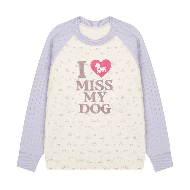 Damen Strickpullover mit Raglanärmeln, Allover-Hundemotiv und Statement-Print Echoarchiv