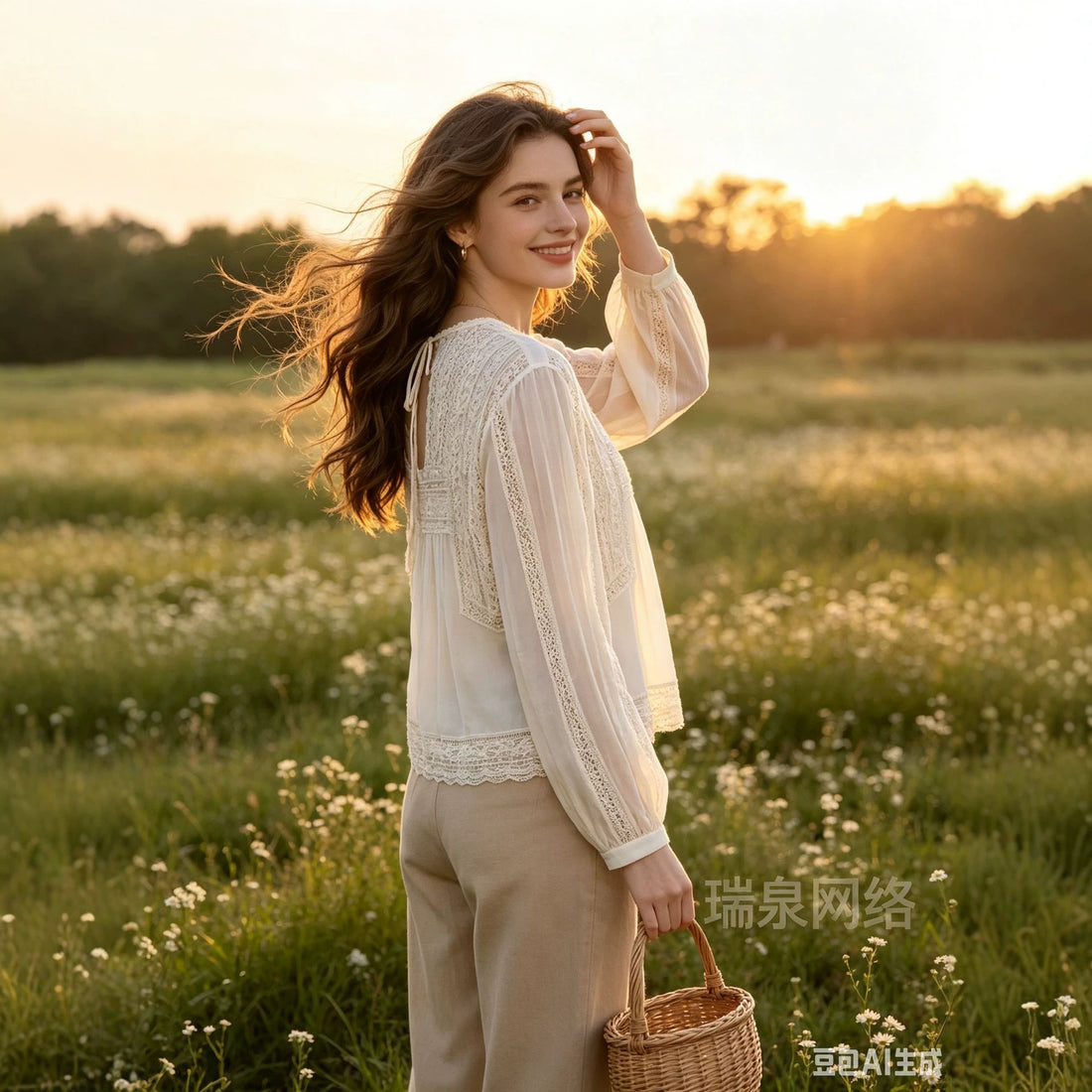 Damen Langärmlige Boho-Spitzenbluse mit Häkel- und Plissee-Details Echoarchiv