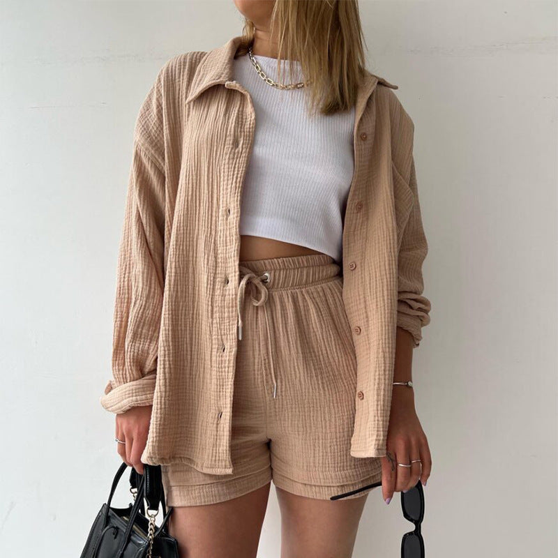 Damen nan lässiges oversized Hemd und Shorts Set mit Brusttasche Kordelbund und gerauter Baumwollstruktur Echo Archiv