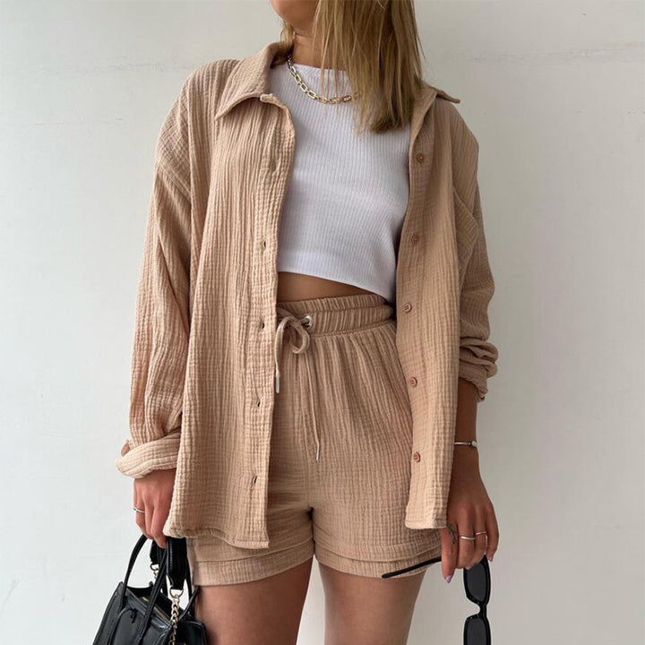 Damen nan lässiges oversized Hemd und Shorts Set mit Brusttasche Kordelbund und gerauter Baumwollstruktur Echo Archiv