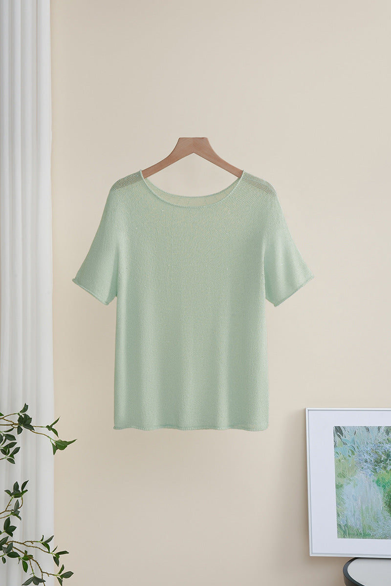 Damen Weiches Feinstrick-T-Shirt mit halbarm, weiter U-Boot-Ausschnitt und feiner Struktur Echo Archiv