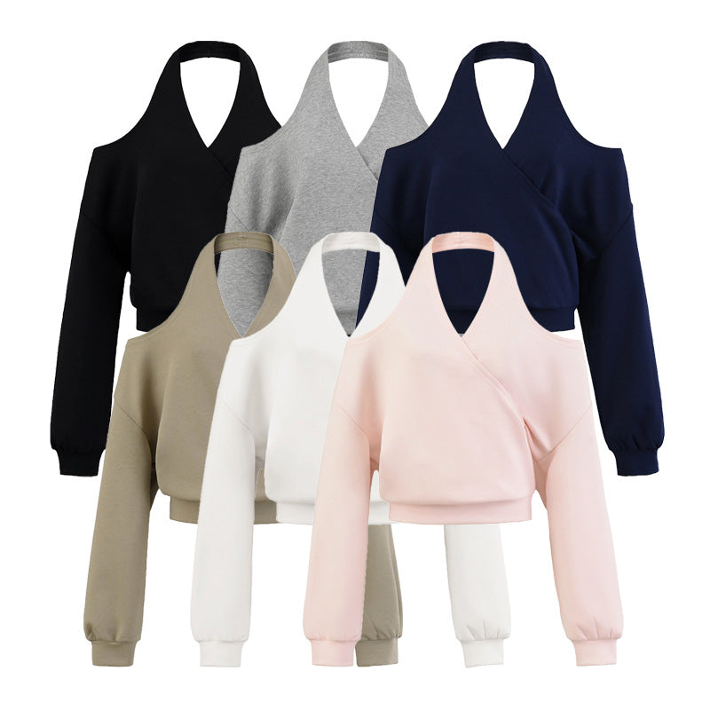 Damen Cropped Sweatshirt mit Neckholder, Cold-Shoulder und Wickeloptik Echoarchiv