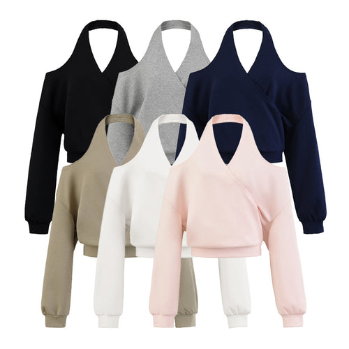 Damen Cropped Sweatshirt mit Neckholder, Cold-Shoulder und Wickeloptik Echoarchiv