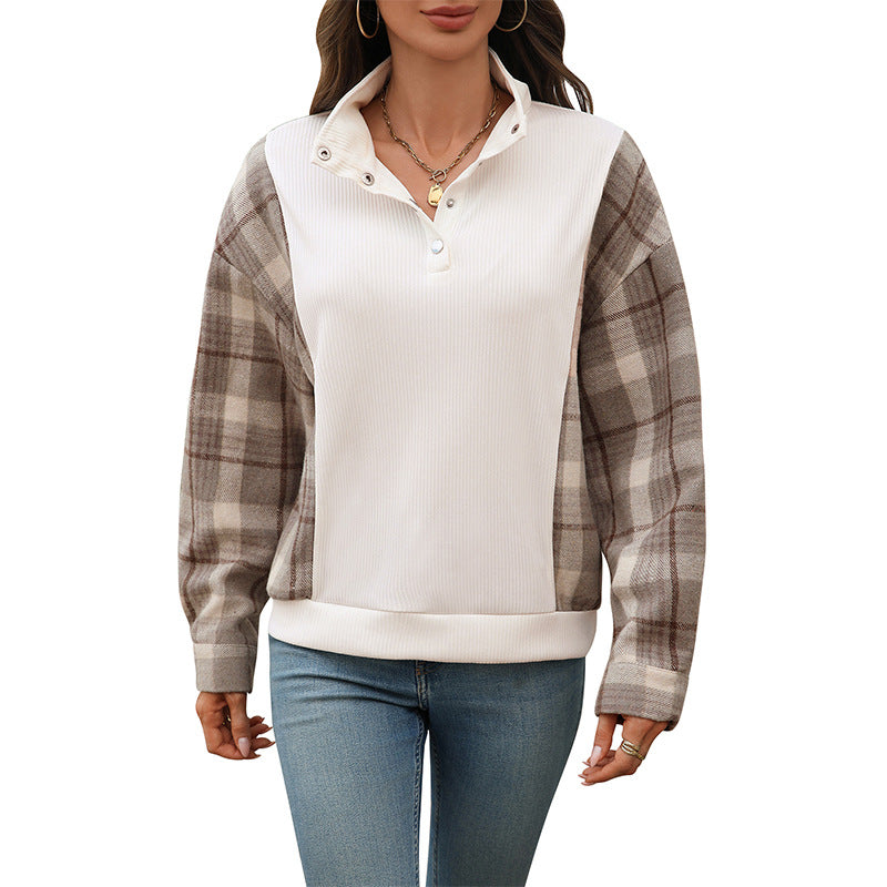 Damen Sweatshirt mit Stehkragen, Druckknopfleiste und karierten Flanellärmeln Echoarchiv
