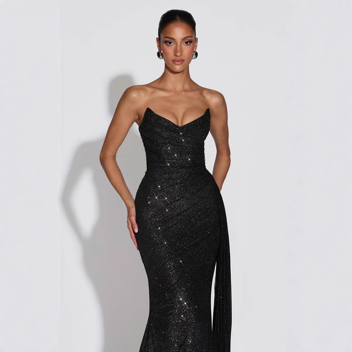 Damen Glamouröses Abendkleid mit tiefem V-Ausschnitt und schimmerndem Überwurf Echo Archiv