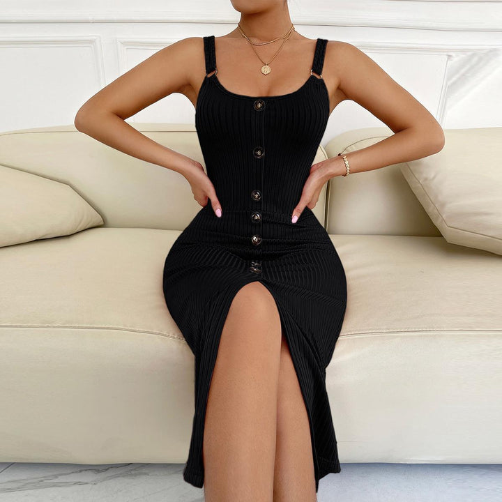Damen knielanges figurbetontes Kleid mit Knopfleiste und Spaltung Echo Archiv