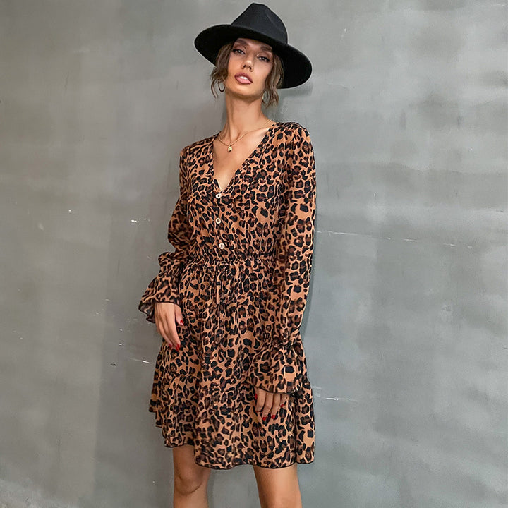 Damen Gestuftes Minikleid mit V‑Ausschnitt, Taillen‑Zugband und Leoprint Echoarchiv