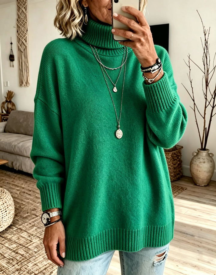 Damen Oversize Rollkragenpullover aus Feinstrick mit gerippten Bündchen und überschnittener Schulter – Mavelle