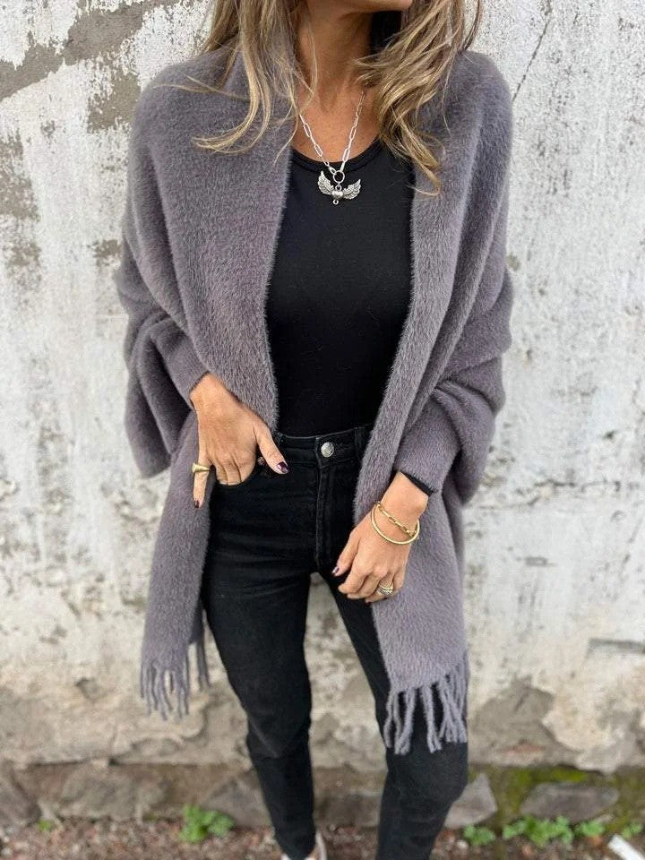 Damen nan langer kuscheliger Fransen-Cardigan mit Schalkragen und Oversize-Passform Echo Archiv