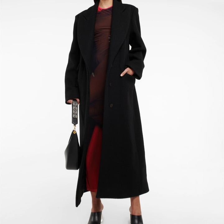 Damen Bodenlanger Longline Einreiher Wollmix-Mantel mit markanter Schulterpartie Echoarchiv