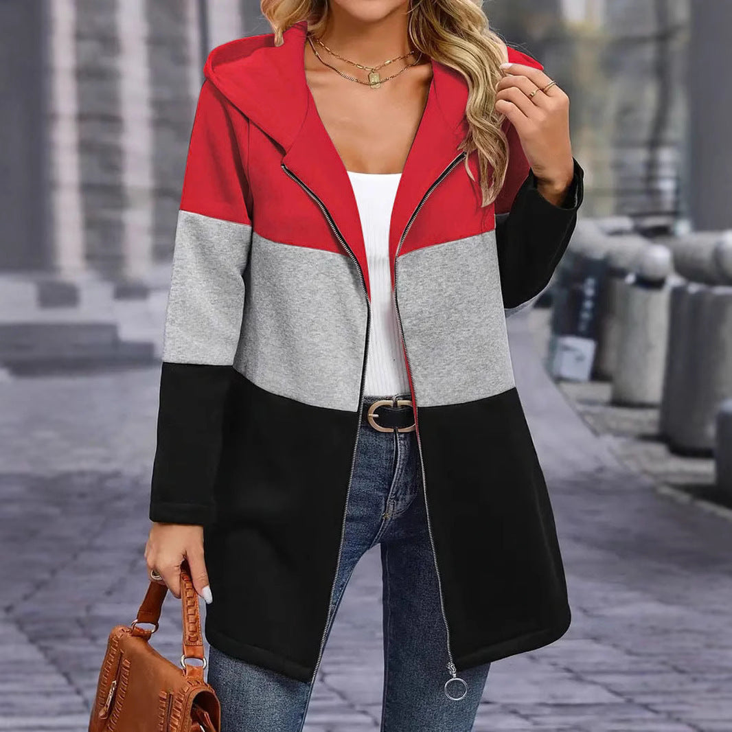 Damen Kapuzen-Farbblock-Mantel mit durchgehendem Reißverschluss, oversized Schnitt und mittellanger Silhouette – Célinea