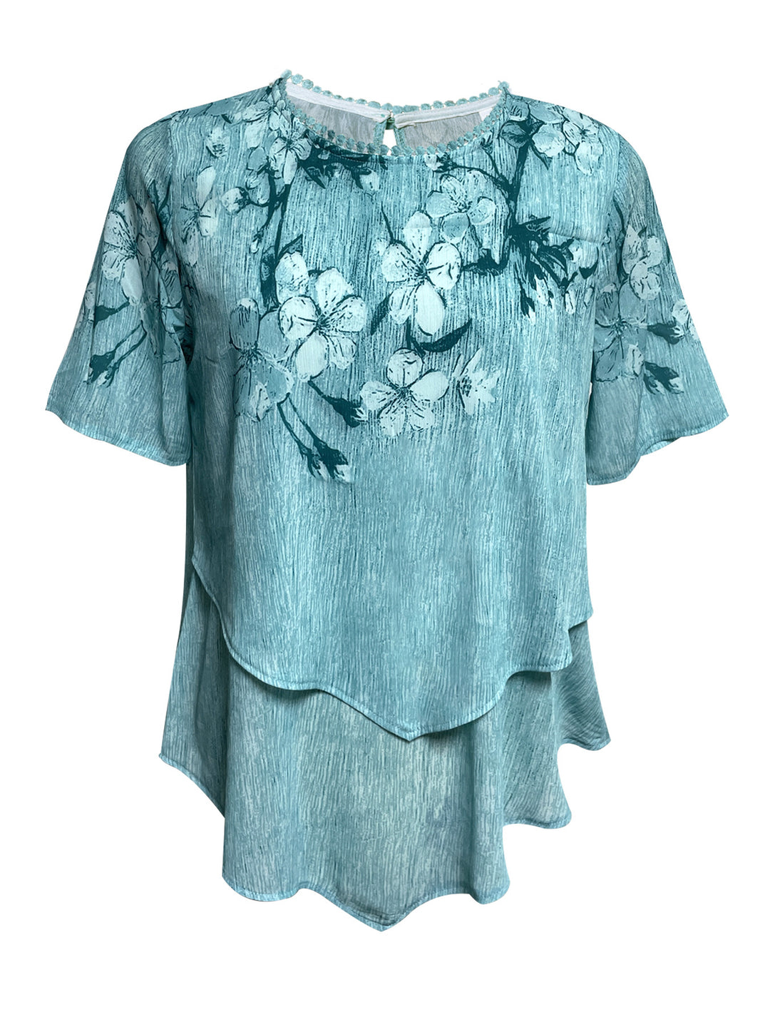 Damen nan zweilagiges Blusenkleid mit asymmetrischem Stufensaum, floraler Druckpasse und Flügelärmeln Echo Archiv