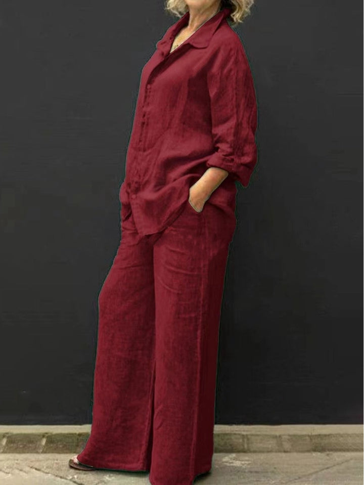 Damen Entspanntes Leinen-Set mit Oversize-Hemd und weiter Palazzo-Hose Echo Archiv