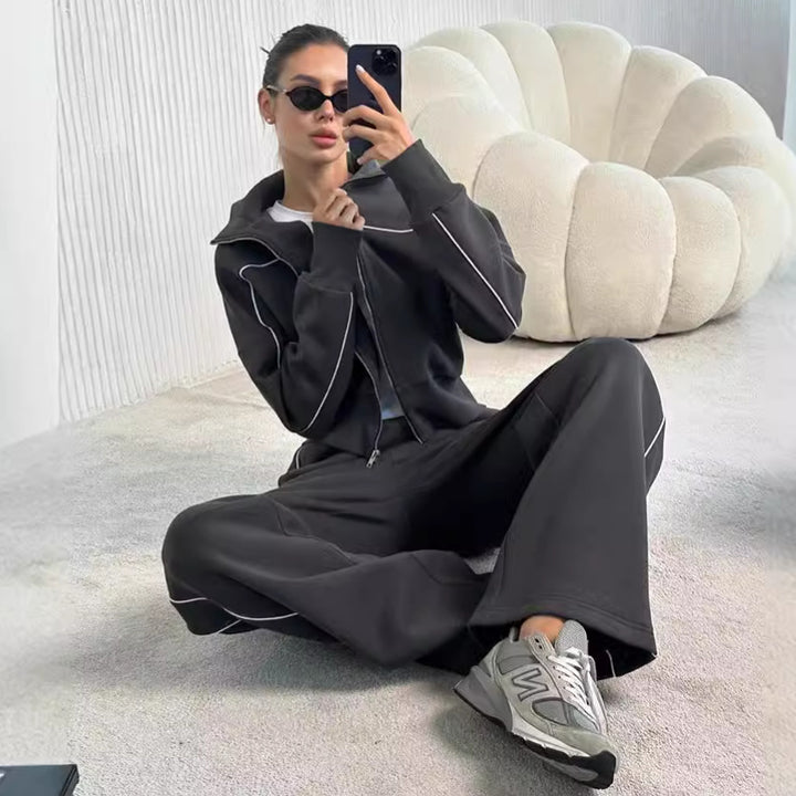 Damen nan zweiteiliges Sport-Loungewear-Set mit Stehkragen und Kontrastpaspel Echo Archiv