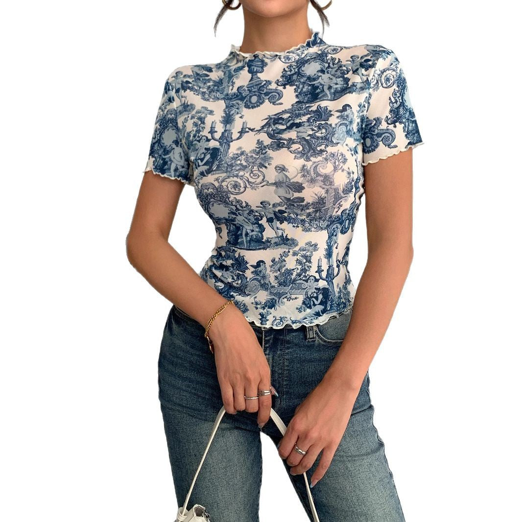 Damen nan figurbetontes kurzärmliges Netzshirt mit Stehkragen und romantischem Landhausdruck Echo Archiv
