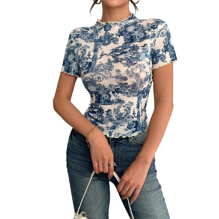 Damen nan figurbetontes kurzärmliges Netzshirt mit Stehkragen und romantischem Landhausdruck Echo Archiv