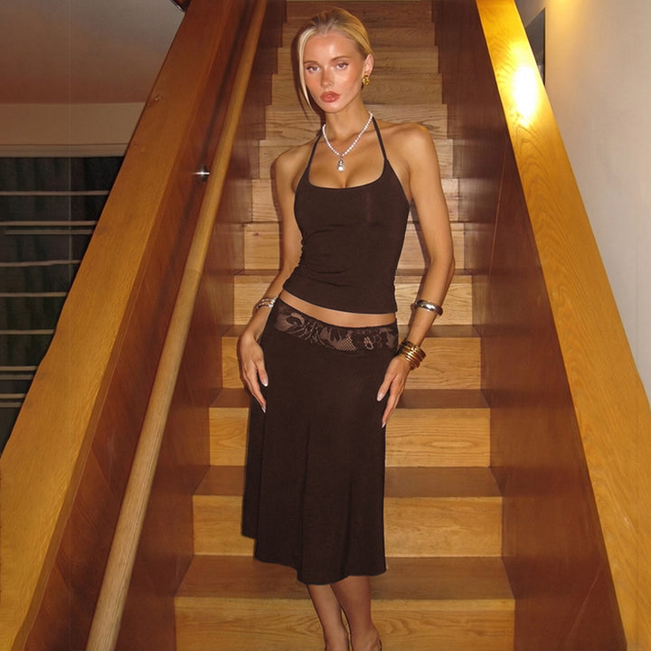 Damen elegantes Trägerkleid mit Spitzenakzent und fließendem Schnitt Echo Archiv