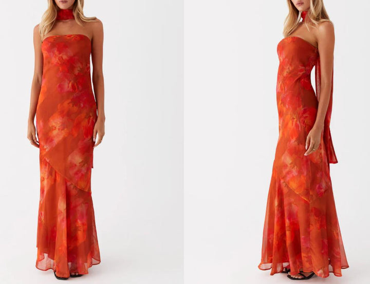 Damen Elegantes Langarm Abendkleid im Blumendesign Echoarchiv