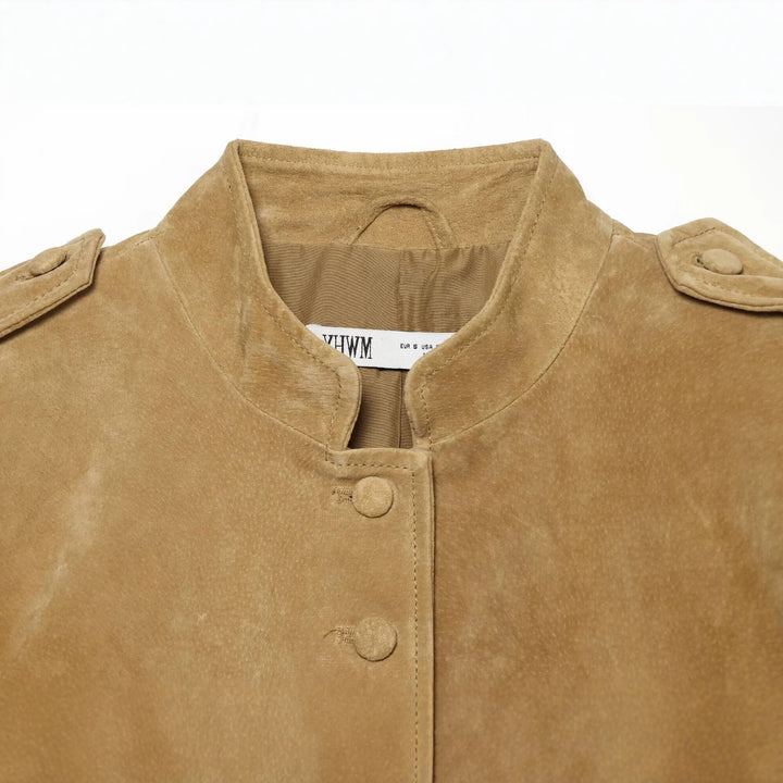 Damen Taillierte Wildlederjacke mit Stehkragen, Pattentaschen und Schulterklappen Echo Archiv