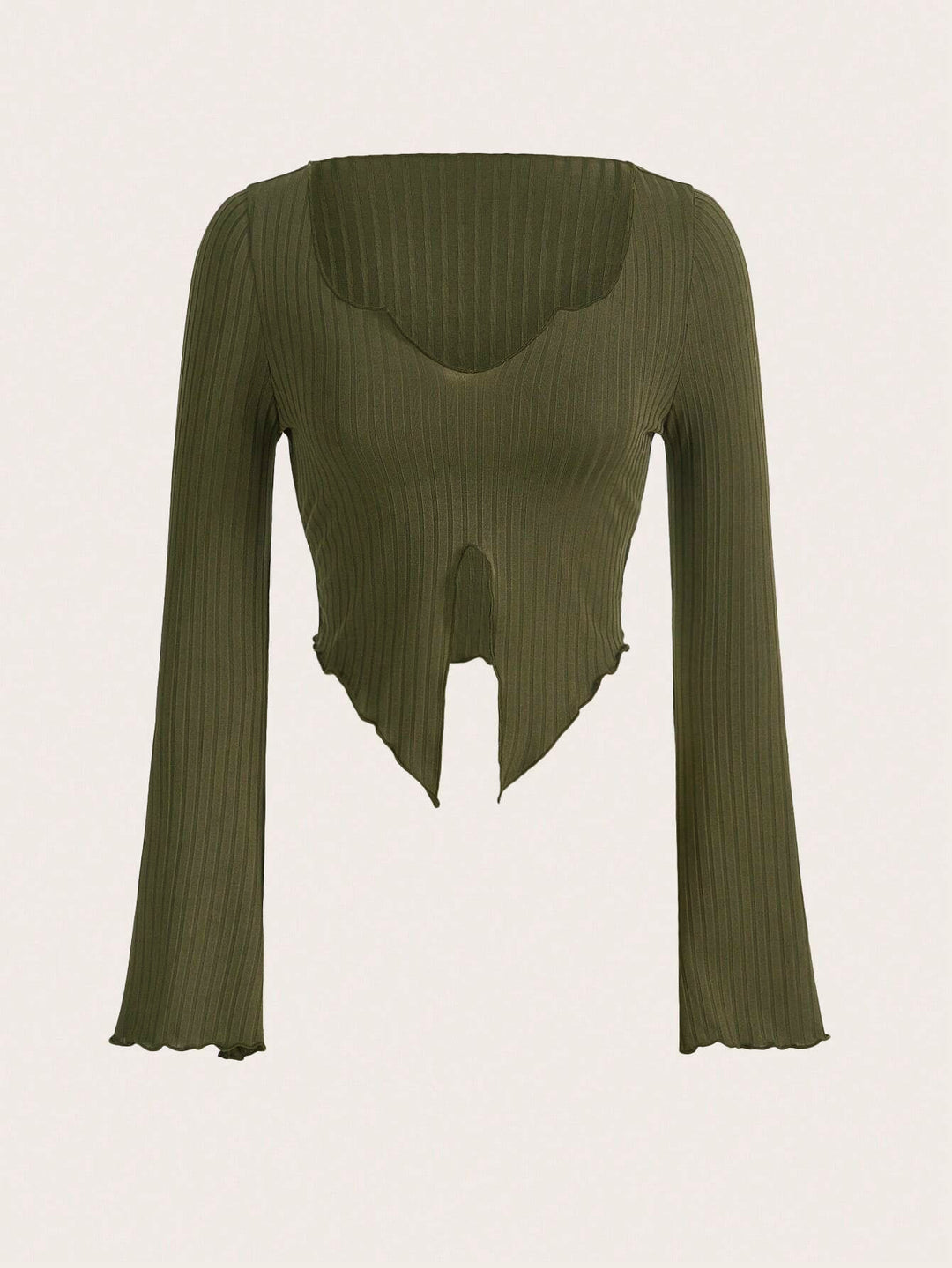 Damen fein geripptes Cropped-Longsleeve mit asymmetrischem Wellensaum und Cut-Out – Avérine