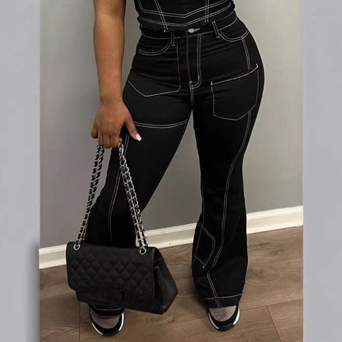 Damen High-Waist Flared-Jeans mit Kontrastnähten und Cargo‑Einsätzen Echo Archiv