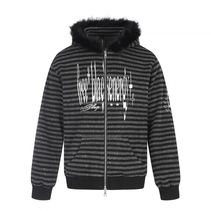 Unisex Gestreifte Kapuzen-Zipjacke mit Kunstfellkapuze und Statement-Frontprint Echo Archiv