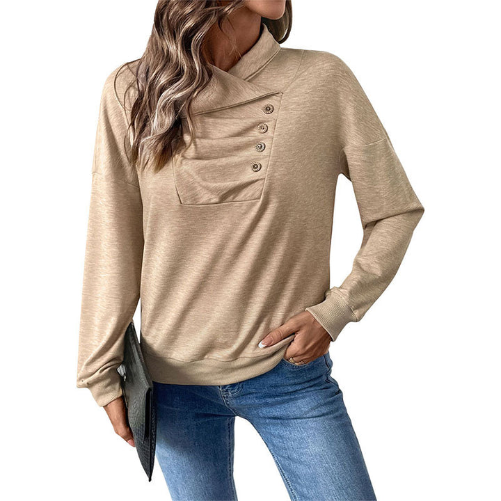 Damen Gekreuzter Stehkragen-Sweatshirt mit Knopfblende und gerippten Bündchen Echoarchiv