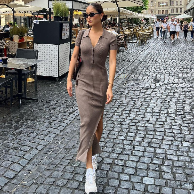 Damen Maxikleid mit kurzem Arm und klassischem Kragen Echo Archiv