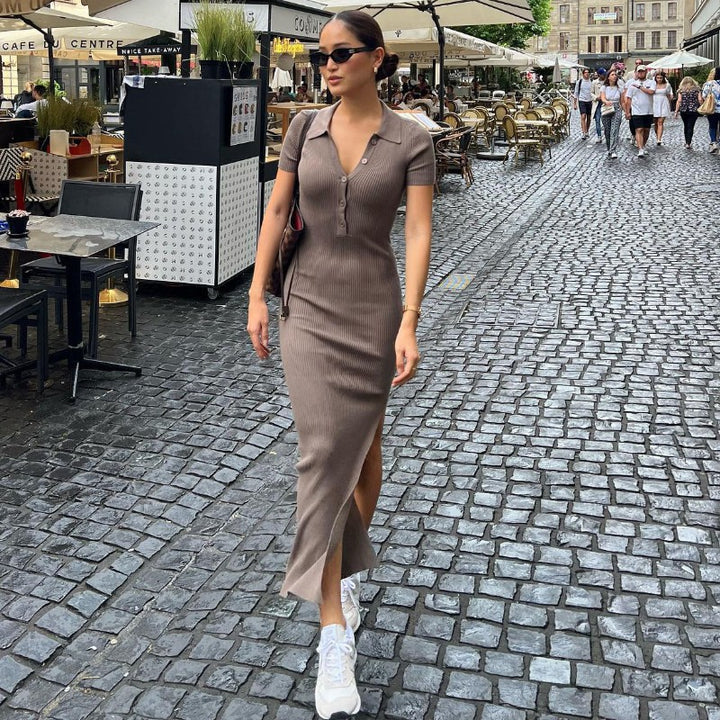 Damen Maxikleid mit kurzem Arm und klassischem Kragen Echo Archiv
