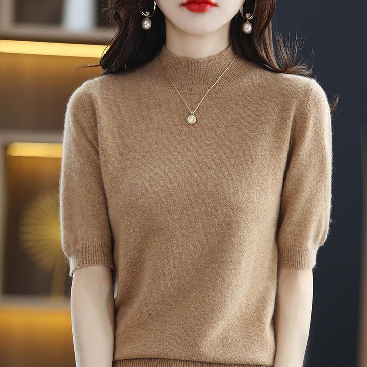 Damen Kurzärmeliger Feinstrick-Pullover mit halbem Rollkragen Echoarchiv