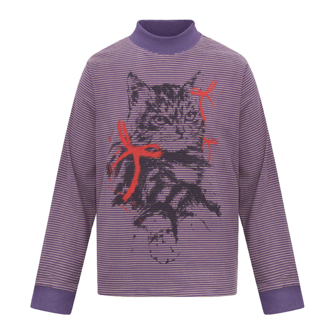 Unisex Gestreiftes Longsleeve mit Stehkragen, Oversize-Schnitt und Katzenprint Echoarchiv