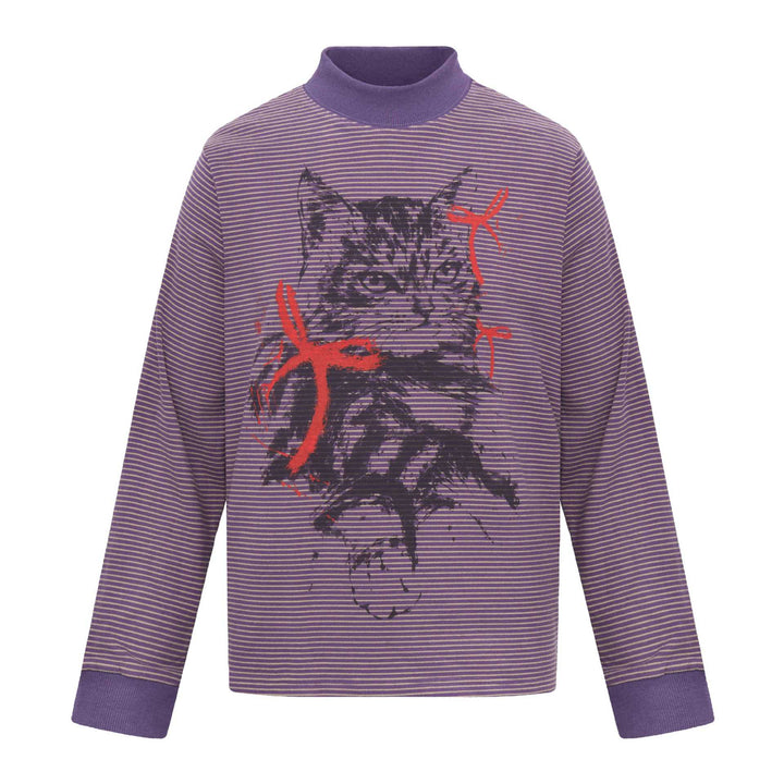 Unisex Gestreiftes Longsleeve mit Stehkragen, Oversize-Schnitt und Katzenprint Echoarchiv