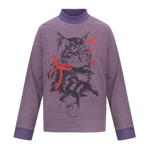 Unisex Gestreiftes Longsleeve mit Stehkragen, Oversize-Schnitt und Katzenprint Echoarchiv