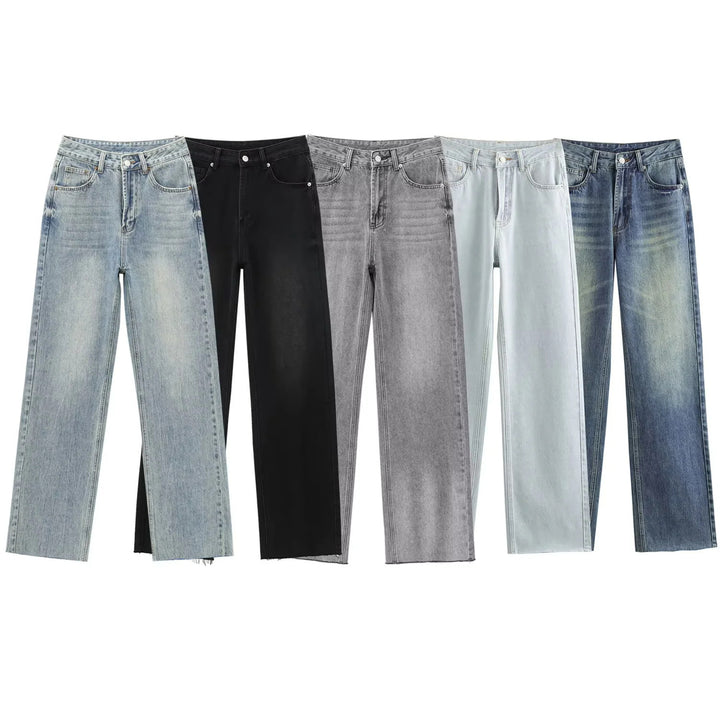 Damen hochgeschnittene weite Denimjeans mit geradem Bein und Fransensaum – Dénora