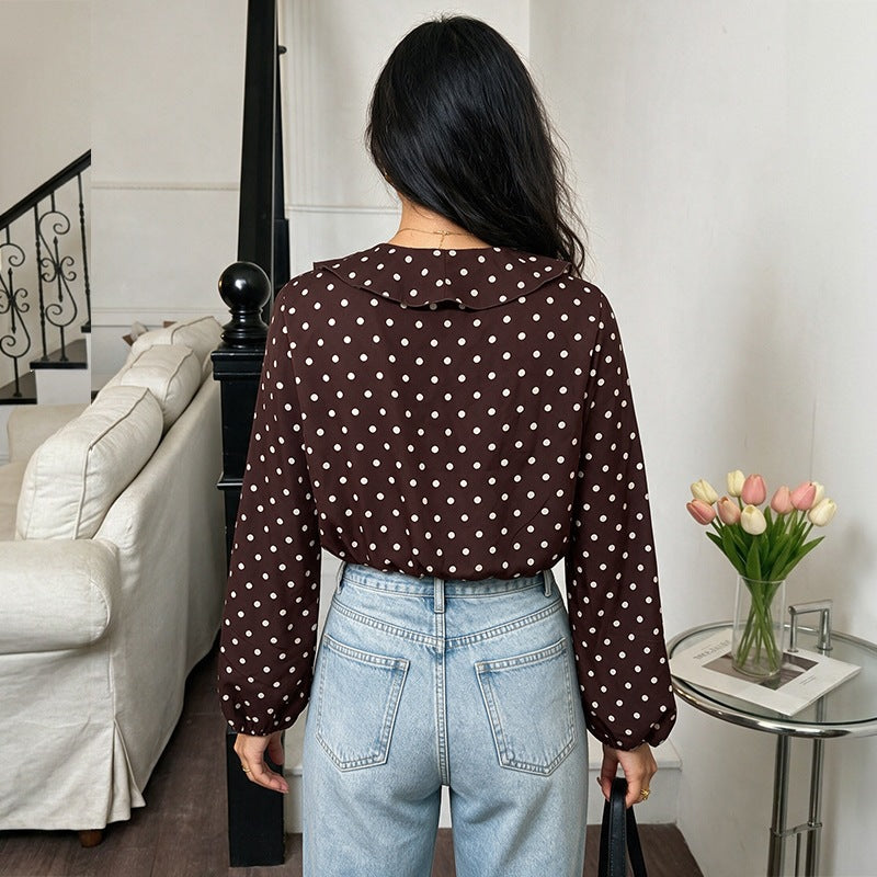 Damen Gepunktete Rüschenbluse mit V‑Ausschnitt, langen Ärmeln und elastischen Manschetten Echoarchiv