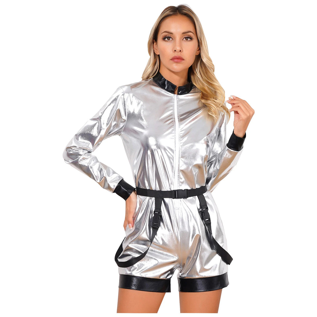 Damen Futuristischer Glanz-Jumpsuit mit Reißverschluss und abnehmbarem Gürtel Echo Archiv
