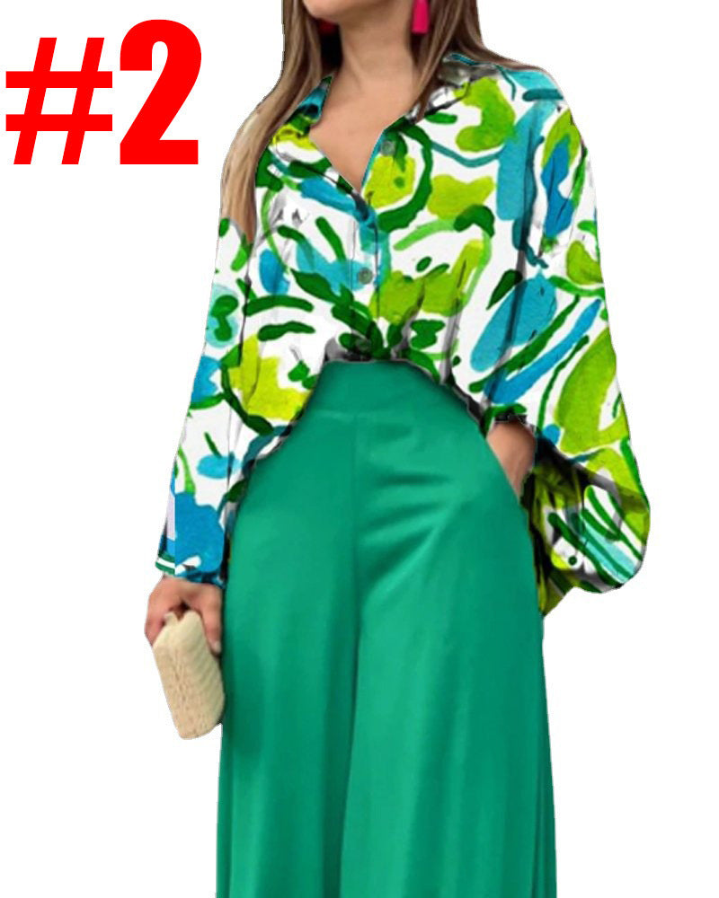 Damen Oversize Hemdbluse mit abstraktem Aquarellprint und überschnittener Schulter – Élovi