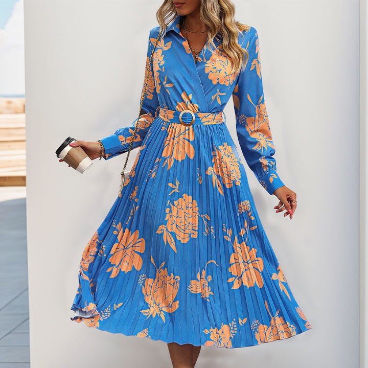 Damen Plissiertes Hemdblusenkleid mit Wickel‑V‑Ausschnitt, Taillengürtel und floralem Print Echoarchiv
