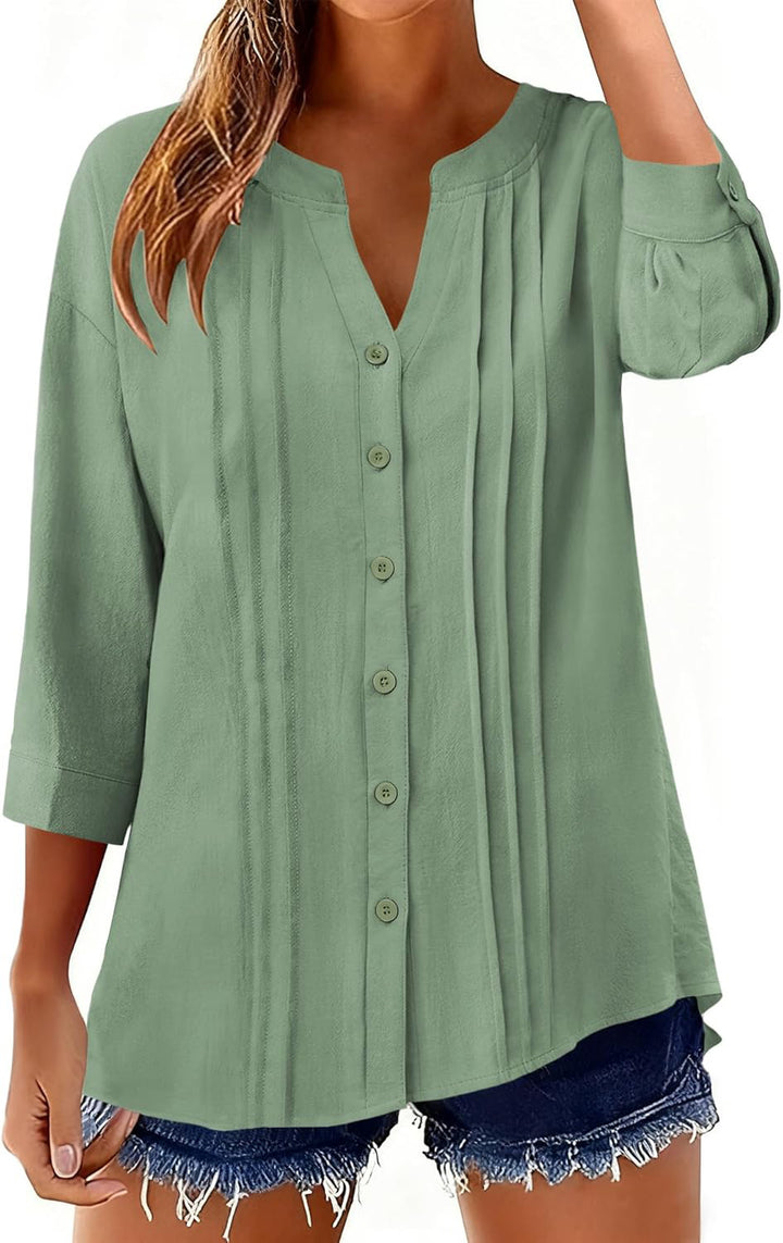 Damen Lockeres Tunikashirt mit Kellerfalten und dreiviertel Ärmeln Echo Archiv