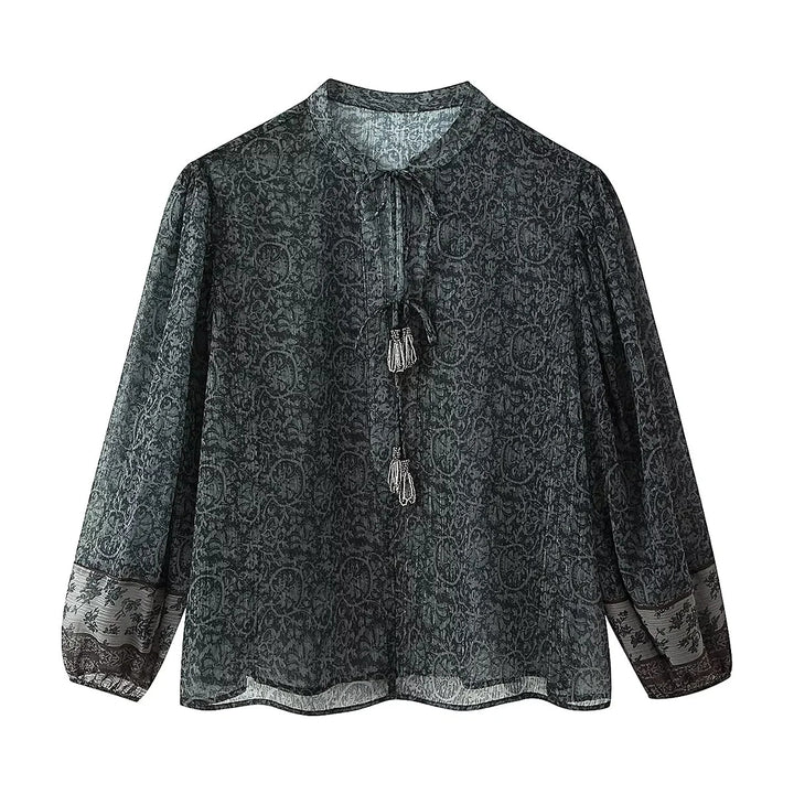 Damen Chiffonbluse mit Paisley‑Print, Quasten‑Bindeband und voluminösen Ballonärmeln – Élovi