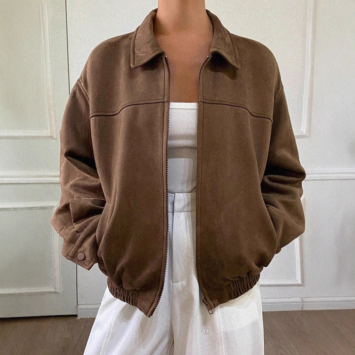 Damen Oversized Wildlederoptik Bomberjacke mit Reißverschluss und elastischem Saum – Avenza