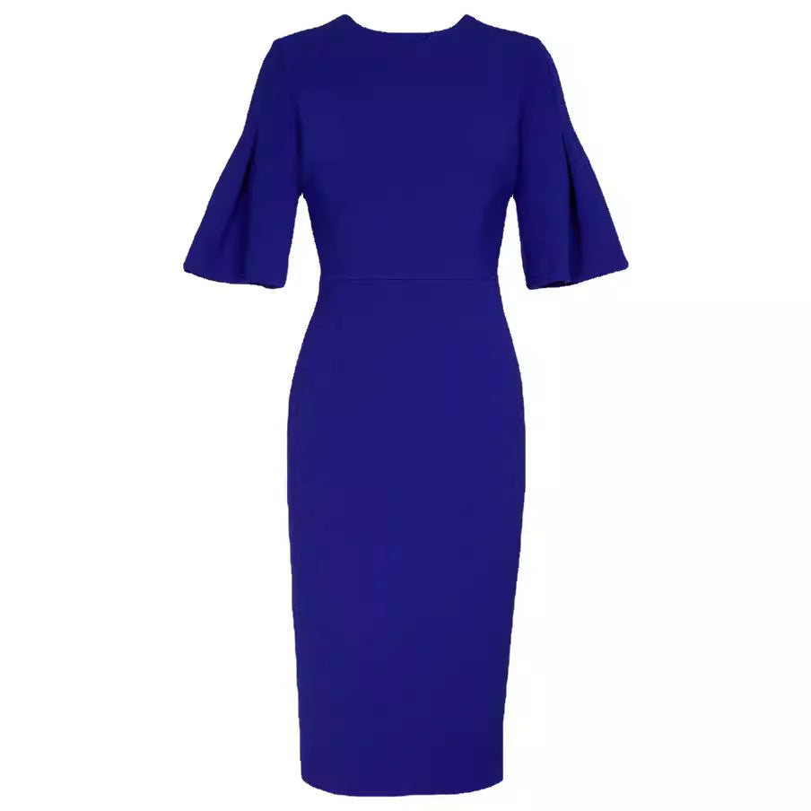 Damen Figurbetontes Midikleid mit Trompetenärmeln und Rundhalsausschnitt Echoarchiv