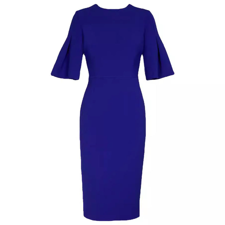 Damen Figurbetontes Midikleid mit Trompetenärmeln und Rundhalsausschnitt Echoarchiv