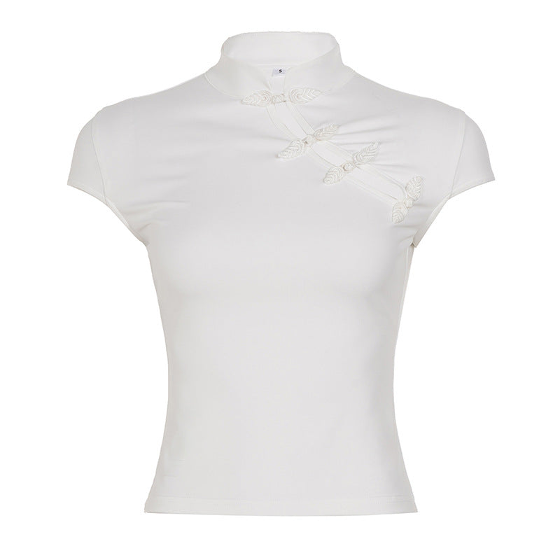 Damen elegantes Kurzarm-Top mit hochgeschlossenem Kragen und feinen Spitzeinsätzen Echo Archiv