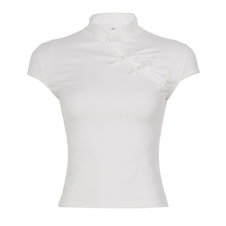 Damen elegantes Kurzarm-Top mit hochgeschlossenem Kragen und feinen Spitzeinsätzen Echo Archiv