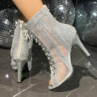 Damen Glitzer‑Peeptoe Ankle‑Boots mit Mesh‑Einsätzen, Schnürung und Seitenreißverschluss – Varelle