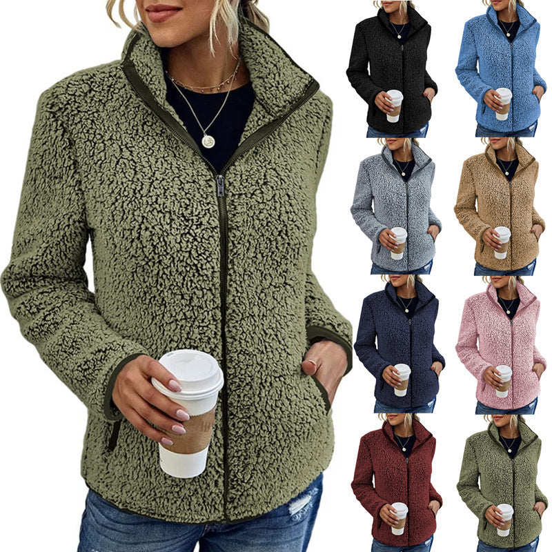 Damen Flauschige Fleecejacke mit hohen Kragen und seitlichen Taschen Echoarchiv